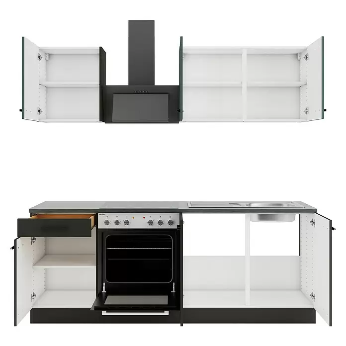 Optifit Verona405 Küchenleerblock Typ 1 - Breite: 210 cm, Anthrazit/Steingrün, Ohne Elektrogeräte - Offene dunkelgraue modulare Küchenschränke mit weißem Interieur, schwarzem Ofen, Dunstabzugshaube und Spüle.