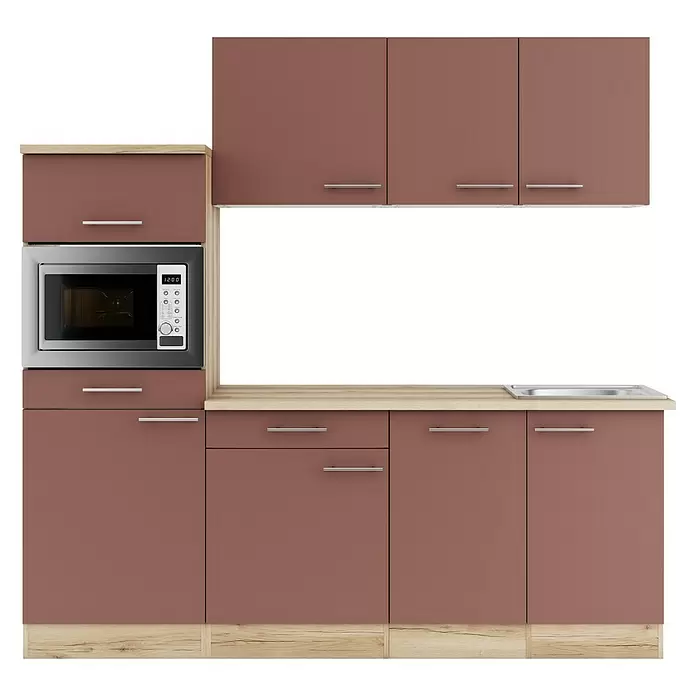 Optifit Bari407 Küchenleerblock Typ 1 - Breite: 210 cm, Rostrot, Ohne Elektrogeräte - Moderne braune Küchenzeile mit hellen Holzdetails, integrierter Mikrowelle und Spüle.