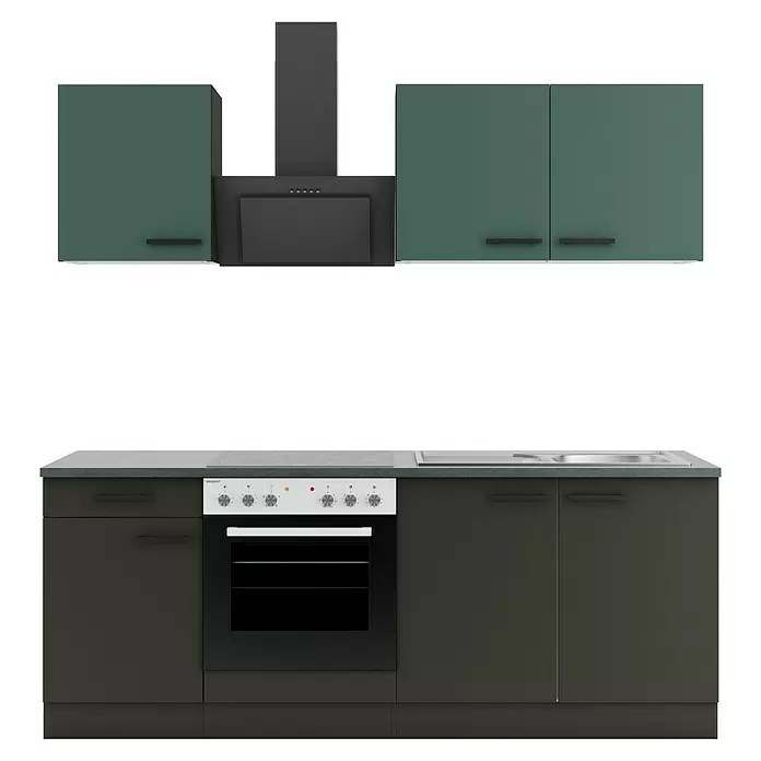 Optifit Verona405 Küchenleerblock Typ 1 - Breite: 210 cm, Anthrazit/Steingrün, Ohne Elektrogeräte - Moderne Küchenzeile mit dunkelgrün-grauen Schränken, schwarzer Dunstabzugshaube, integriertem Ofen, Kochfeld und Spüle.