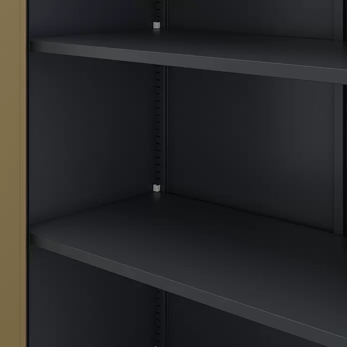 Jan Nowak Aktenschrank Alex - B x T x H: 45 x 40 x 185 cm, Anthrazit/ Nussbaum - Innenansicht eines dunkelgrauen Regalschranks mit brauner Seite, leeren, verstellbaren Böden und sichtbaren Tragschienen.
