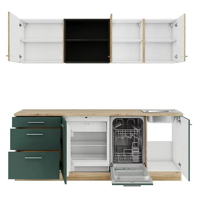 Optifit Livorno290 Singleküche Typ 1 - Breite: 210 cm, Steingrün/Wildeiche Nachbildung, Mit Elektrogeräten - Modulare Küchenzeile mit weißen/schwarzen Oberschränken, grünen Fronten, Holzarbeitsplatte, integriertem Minikühlschrank, Geschirrspüler und Spüle.