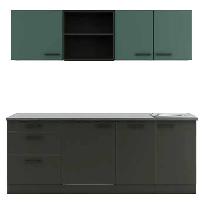 Optifit Verona405 Küchenleerblock Typ 4 - Breite: 210 cm, Anthrazit/Steingrün, Ohne Elektrogeräte - Zweifarbige moderne Küchenzeile mit oberen grünen Schränken, offener Ablage und unteren dunkelgrauen Schränken mit Schubladen und Spüle.