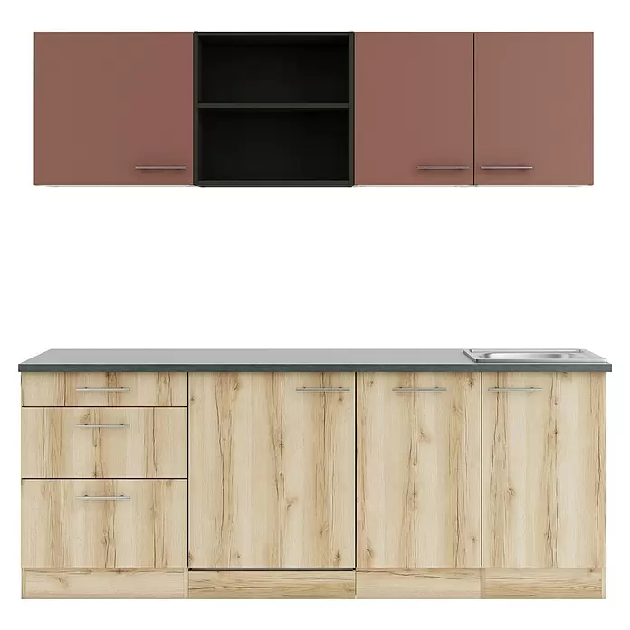 Optifit Bari407 Küchenleerblock Typ 2 - Breite: 210 cm, Rostbraun/Wildeiche Nachbildung, Ohne Elektrogeräte - Moderne Küchenschränke. Oberschränke braun und schwarz, Unterschränke helles Holz mit grauer Arbeitsplatte und Spülbecken.