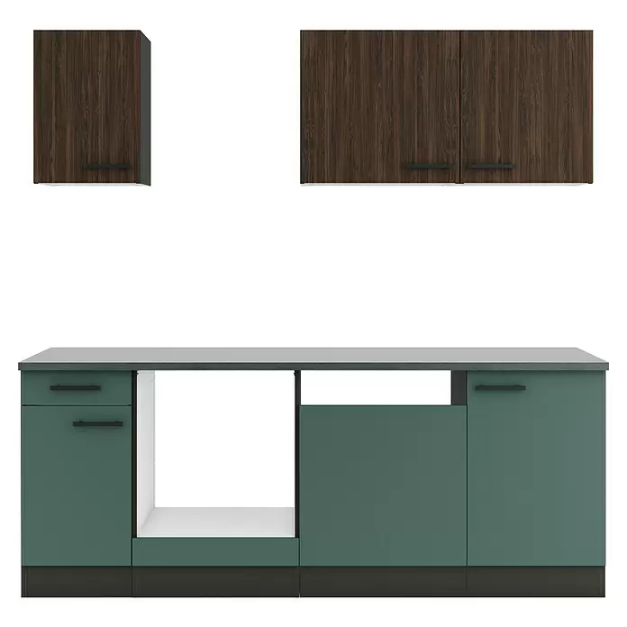 Optifit Verona405 Singleküche Typ 3 - Breite: 210 cm, Steingrün/Rillendekor Nussbaum, Ohne Elektrogeräte - Küchenschränke: Oberelemente aus dunklem Holz und eine Basisunterschrankzeile in Salbeigrün mit grauer Arbeitsplatte und offenem Fach.