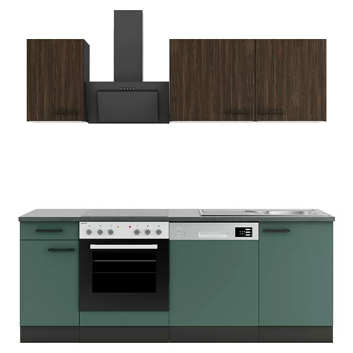 Optifit Verona405 Singleküche Typ 3 - Breite: 210 cm, Steingrün/Rillendekor Nussbaum, Ohne Elektrogeräte - Moderne Küchenzeile: dunkle Holz-Oberschränke mit schwarzer Dunstabzugshaube, teal-Unterschränke mit integriertem Backofen, Geschirrspüler, Kochfeld und Spüle.