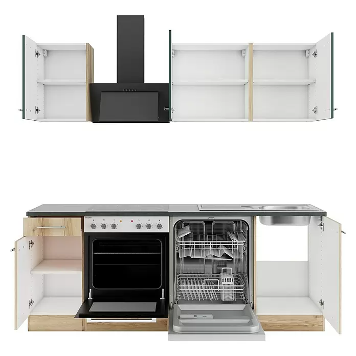 Optifit Savona405 Singleküche Typ 4 - Breite: 210 cm, Wildeiche Nachbildung/Steingrün, Mit Elektrogeräten - Modulare Küchenzeile mit offenen weißen und hellen Holzschränken, Ofen, Geschirrspüler, Kochfeld und Spüle.