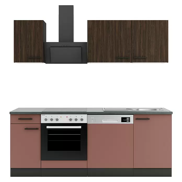 Optifit Nizza407 Singleküche Typ 3 - Breite: 210 cm, Rostrot/Rillendekor Nussbaum, Mit Elektrogeräten - Moderne Küchenzeile mit Oberschränken in dunklem Holz, dunkler Dunstabzugshaube und unterer Küchenzeile in Altrosa mit integrierten Geräten.