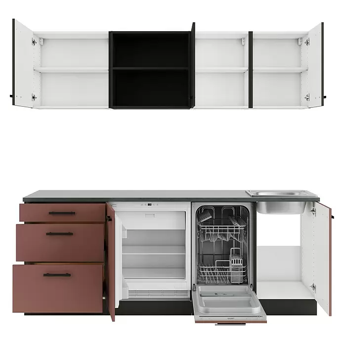 Optifit Madrid420 Singleküche Typ 1 - Breite: 210 cm, Rostrot/Anthrazit, Mit Elektrogeräten - Küchenmodul mit weißen, schwarzen Oberschränken, und unteren Terrakotta-Einheiten mit geöffnetem Kühlschrank, Geschirrspüler und Spülunterschrank.