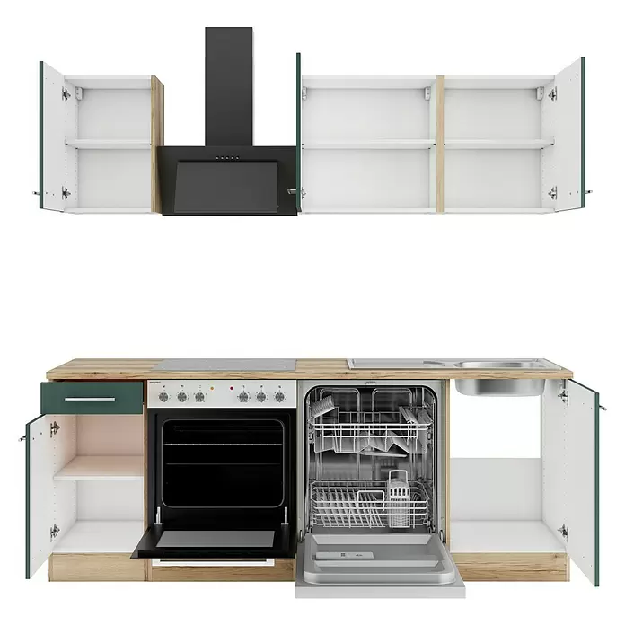 Optifit Savona405 Singleküche Typ 2 - Breite: 210 cm, Steingrün, Wechselseitig aufbaubar - Modulküche mit weißen und blaugrünen Schränken, heller Holztheke, schwarzem Ofen, Kochfeld, Dunstabzugshaube, offener Spülmaschine und Spüle.