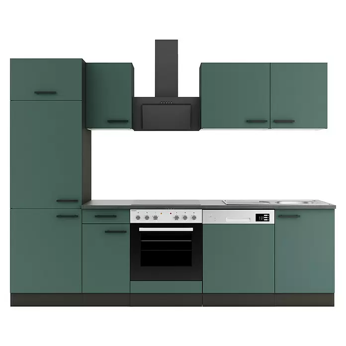 Optifit Verona405 Küchenleerblock Typ 2 - Breite: 270 cm, Steingrün, Ohne Elektrogeräte - Grün-graue Küchenzeile mit integriertem Backofen, Geschirrspüler und schwarzer Dunstabzugshaube.