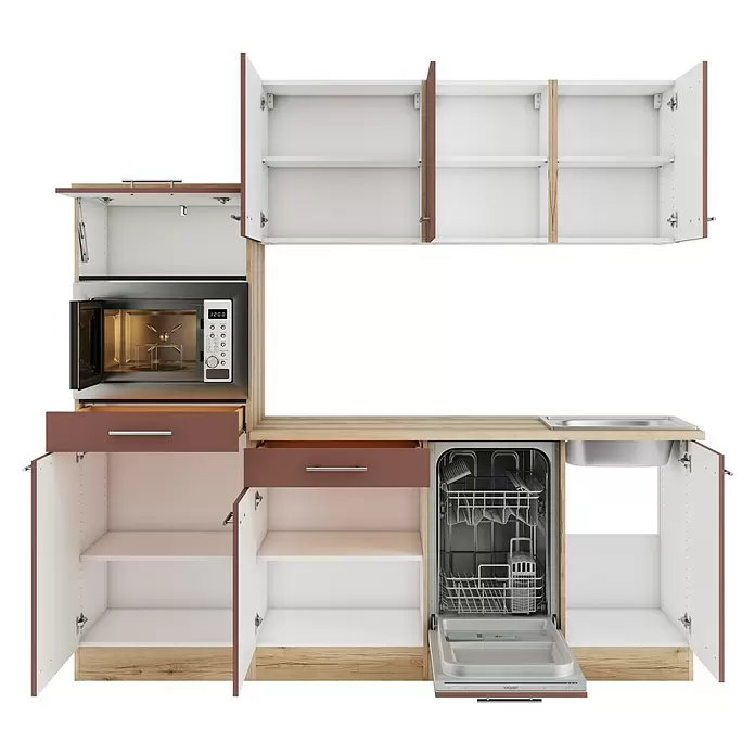 Optifit Bari407 Küchenleerblock Typ 1 - Breite: 210 cm, Rostrot, Ohne Elektrogeräte - Modulares Küchenset mit weißen und braunen Schränken, heller Holztheke, integrierter Mikrowelle, Spülmaschine und Spüle. Offene Türen zeigen Stauraum.