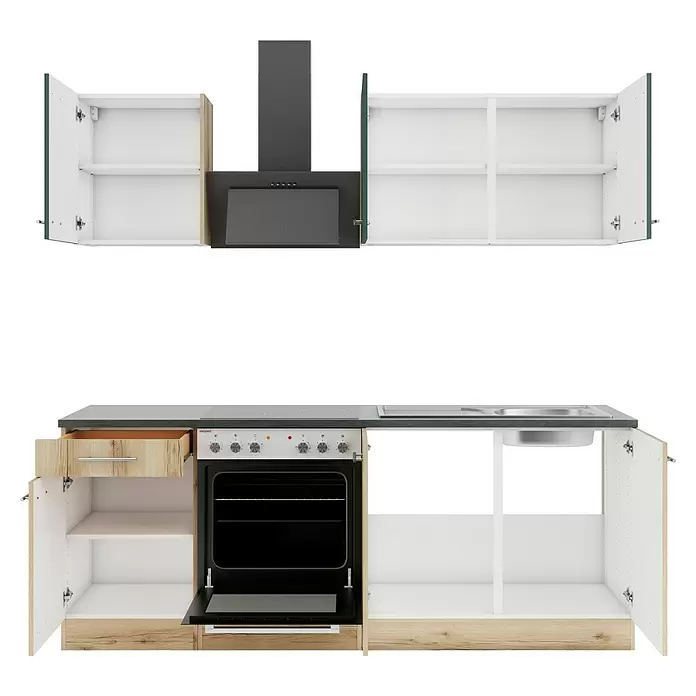 Optifit Savona405 Singleküche Typ 2 - Breite: 210 cm, Wildeiche Nachbildung/Steingrün, Mit Elektrogeräten - Modulare Küchenzeile mit offenen weißen und hellen Holzschränken, dunkler Arbeitsplatte, Backofen, Spüle, Kochfeld und Dunstabzugshaube.