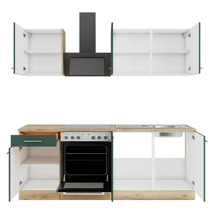 Optifit Savona405 Singleküche Typ 1 - Breite: 210 cm, Steingrün, Wechselseitig aufbaubar - Moderne Miniküche mit offenen weißen und Holzschränken, dunkelgrüner Schublade, Einbaubackofen, Kochfeld, Spüle und dunkelgrauer Dunstabzugshaube.
