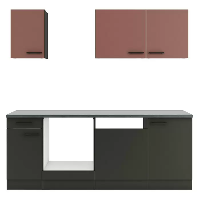 Optifit Nizza407 Küchenleerblock Typ 1 - Breite: 210 cm, Anthrazit/Rostrot, Ohne Elektrogeräte - Braune Hängeschränke und dunkelgraue Unterschränke mit grauer Arbeitsplatte und integriertem Regal.