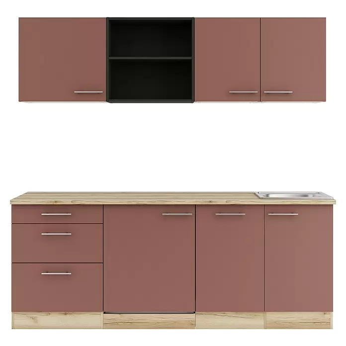 Optifit Bari407 Singleküche Typ 1 - Breite: 210 cm, Rostrot, Mit Elektrogeräten - Braune Küchenschränke mit heller Holzoptik-Arbeitsplatte, Spüle und offenem Regal.