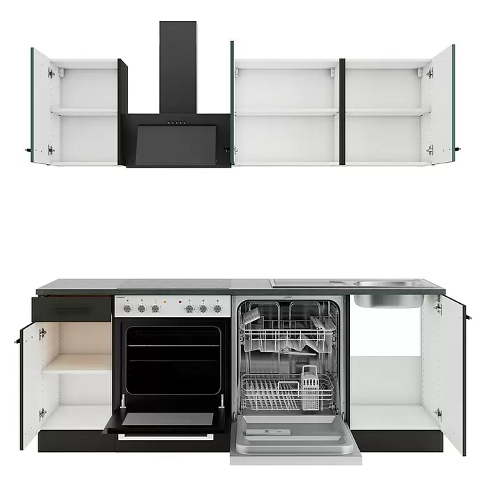 Optifit Verona405 Küchenleerblock Typ 2 - Breite: 210 cm, Anthrazit/Steingrün, Ohne Elektrogeräte - Modulare dunkelgraue Küchenzeile mit weißen Innenräumen, Dunstabzugshaube, Backofen, geöffnetem Geschirrspüler und Spüle.