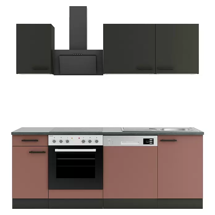 Optifit Madrid420 Küchenleerblock Typ 4 - Breite: 210 cm, Rostrot/Anthrazit, Ohne Elektrogeräte - Moderne Küche mit dunkelgrauen Oberschränken, braun-rosafarbenen Unterschränken, integriertem Backofen, Geschirrspüler, Kochfeld, Spüle und Dunstabzugshaube.
