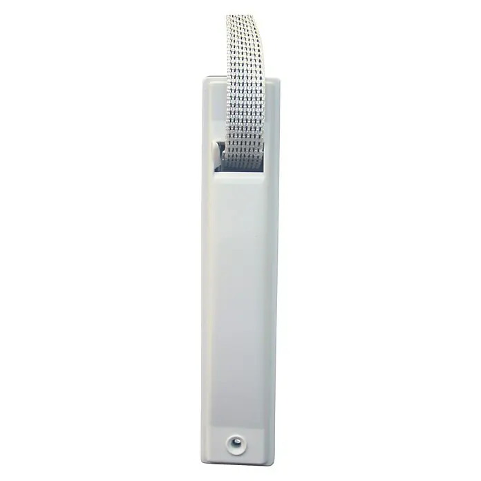 Schellenberg Recogedor de cinta de persiana 50144 - Distancia entre orificios: 155 mm, Anchura de la correa: 16 mm, Tipo de montaje: Empotrado - Imagen de un enrollador de cordón de persiana gris con un cordón blanco. Ideal para la organización y la seguridad infantil.