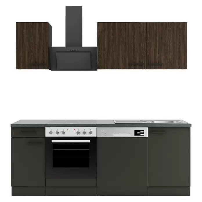 Optifit Madrid420 Singleküche Typ 4 - Breite: 210 cm, Anthrazit/Rillendekor Nussbaum, Mit Elektrogeräten - Moderne Küchenzeile mit Oberschränken aus dunklem Holz, dunkelgrauen Unterschränken, integrierten Geräten und passender Dunstabzugshaube.