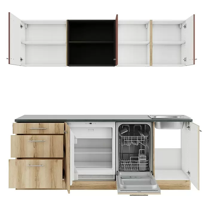Optifit Bari407 Küchenleerblock Typ 2 - Breite: 210 cm, Rostbraun/Wildeiche Nachbildung, Ohne Elektrogeräte - Modulare Küchenzeile mit hellen Holzunterschränken, integriertem Kühlschrank, Geschirrspüler, Spüle und offenen weißen und schwarzen Oberschränken.