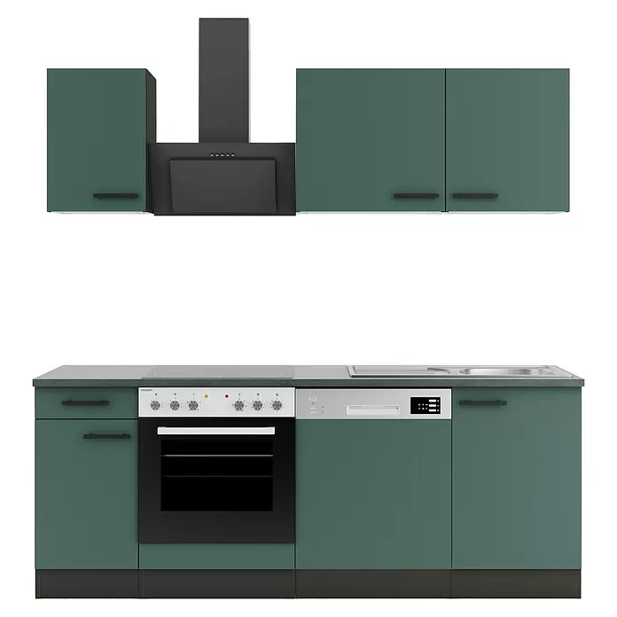 Optifit Verona405 Singleküche Typ 3 - Breite: 210 cm, Steingrün, Wechselseitig aufbaubar - Moderne tealfarbene Küchenzeile mit integriertem Backofen, Geschirrspüler, Induktionskochfeld, Spüle und passenden Oberschränken mit Dunstabzugshaube.
