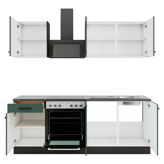 Optifit Verona405 Küchenleerblock Typ 2 - Breite: 210 cm, Steingrün, Ohne Elektrogeräte - Zwei moderne Küchenzeilen: obere dunkelgrüne Schränke mit Dunstabzugshaube, untere Schränke mit Arbeitsplatte, Backofen und Spüle.