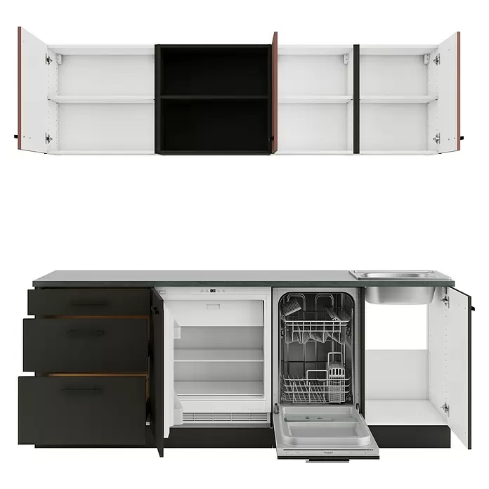 Optifit Nizza407 Küchenleerblock Typ 2 - Breite: 210 cm, Anthrazit/Rostrot, Ohne Elektrogeräte - Moderne Küchenzeile mit schwarzen Unterschränken (Kühlschrank, Spülmaschine, Spüle) und weißen Hängeschränken mit schwarzem Regal.