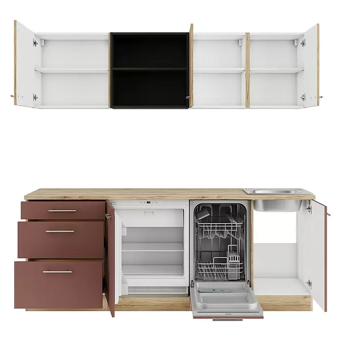 Optifit Livorno290 Küchenleerblock Typ 3 - Breite: 210 cm, Wildeiche Nachbildung/Rostbraun, Ohne Elektrogeräte - Modulare Küchenzeile mit heller Holzoptik-Arbeitsplatte, braunen Schubladen, offenem Kühlschrank und Spülmaschine, sowie Oberkästen in Weiß, Schwarz und Holzoptik.
