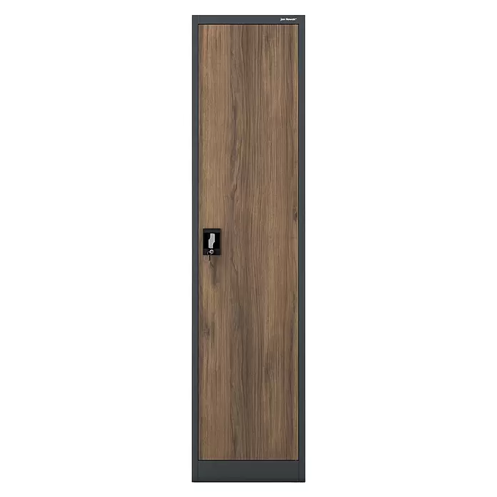 Jan Nowak Aktenschrank Alex - B x T x H: 45 x 40 x 185 cm, Anthrazit/ Nussbaum - Braune Spindtür in Holzoptik mit dunkelgrauem Metallrahmen und Schlüsselschloss.