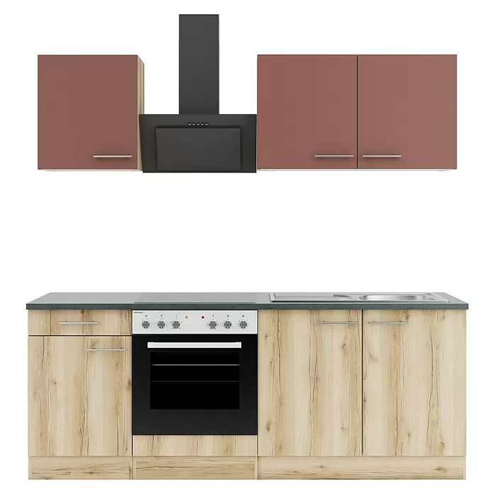 Optifit Bari407 Küchenleerblock Typ 4 - Breite: 210 cm, Rostbraun/Wildeiche Nachbildung, Ohne Elektrogeräte - Moderne Küchenzeile mit Unter- und Oberschränken in Holzoptik und Braun, schwarzer Dunstabzugshaube, Backofen, Kochfeld und Spüle.