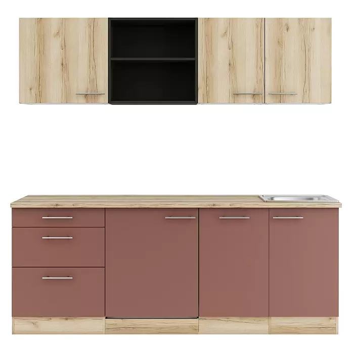 Optifit Livorno290 Singleküche Typ 1 - Breite: 210 cm, Wildeiche Nachbildung/Rostbraun, Wechselseitig aufbaubar - Moderne Küchenschränke mit oberen Einheiten in hellem Holz und Schwarz, und unteren Einheiten in Altrosa mit Holzplatte und Spüle.