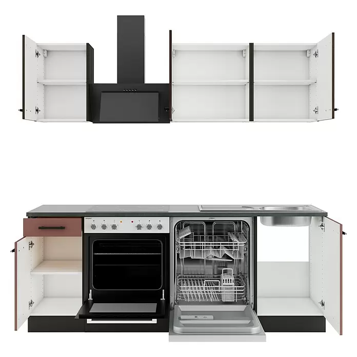 Optifit Nizza407 Singleküche Typ 3 - Breite: 210 cm, Rostrot/Rillendekor Nussbaum, Mit Elektrogeräten - Eine moduläre Küchenzeile mit offenen weißen Schränken, schwarzer Dunstabzugshaube, eingebautem Backofen, geöffnetem Geschirrspüler und Spüle, mit dunklen Akzenten.