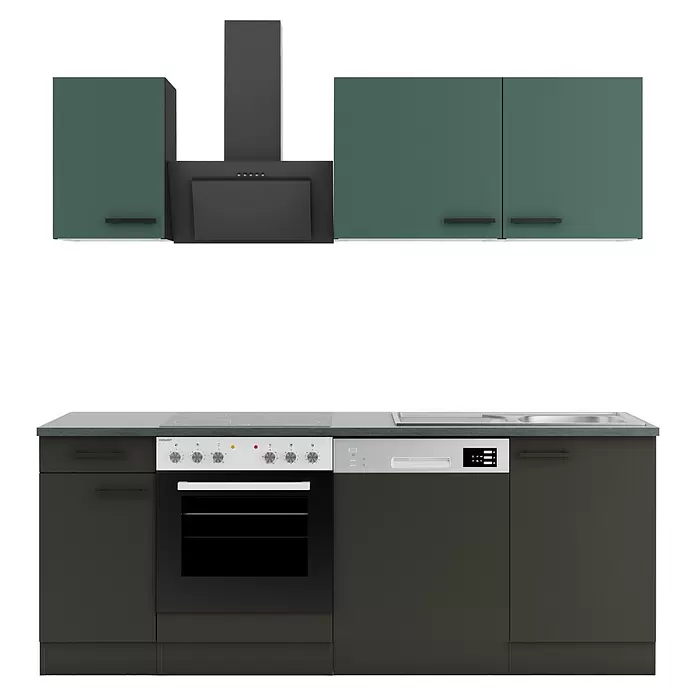 Optifit Verona405 Küchenleerblock Typ 2 - Breite: 210 cm, Anthrazit/Steingrün, Ohne Elektrogeräte - Moderne Küchenzeile mit dunkelgrünen Oberschränken und schwarzer Dunstabzugshaube, dazu dunkelgraue Unterschränke, Backofen, Geschirrspüler und Spüle.