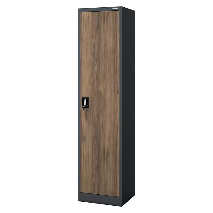 Jan Nowak Aktenschrank Alex - B x T x H: 45 x 40 x 185 cm, Anthrazit/ Nussbaum - Dunkelgrauer Schrank mit abschließbarer Holztür (dunkle Maserung) und Schlüssel.