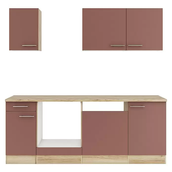 Optifit Bari407 Küchenleerblock Typ 3 - Breite: 210 cm, Rostrot, Ohne Elektrogeräte - Küchenschrank-Set in Braun und hellem Holz mit Unterschrank (Schubladen, offenes Fach) und zwei Oberschränken.
