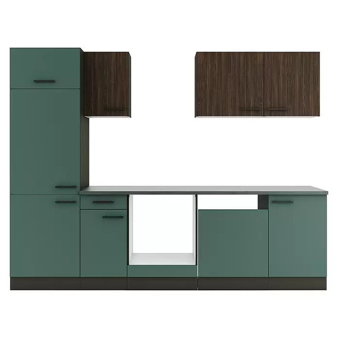 Optifit Verona405 Küchenzeile Typ 4 - Breite: 270 cm, Steingrün/Rillendekor Nussbaum, Ohne Elektrogeräte - Modulares Küchenschrank-Set in Dunkeltürkis und dunklem Holz, mit Arbeitsplatte und Geräteaussparung.