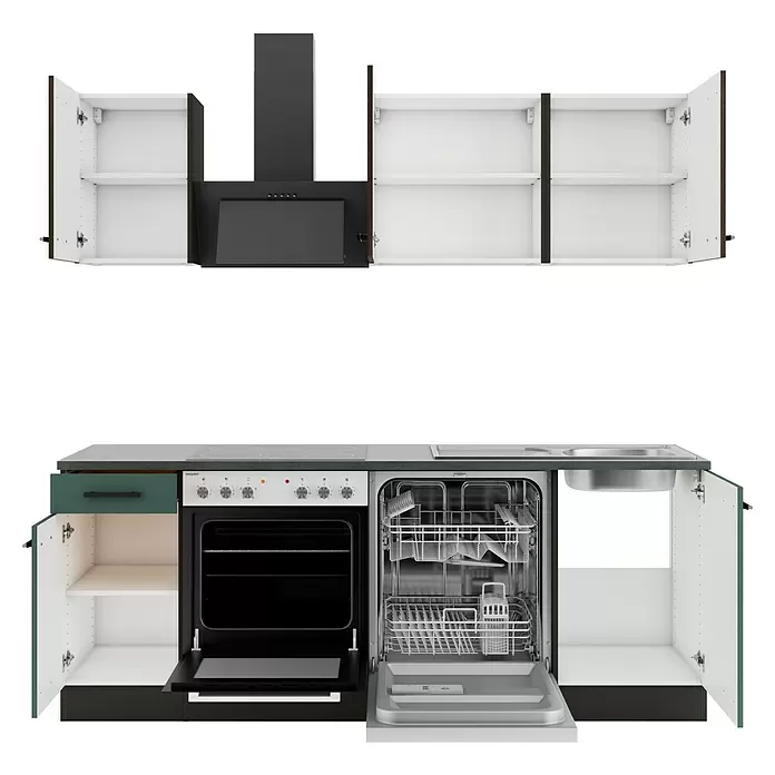 Optifit Verona405 Singleküche Typ 3 - Breite: 210 cm, Steingrün/Rillendekor Nussbaum, Ohne Elektrogeräte - Offene Küchenschränke mit Ofen, Spülmaschine, Spüle und Dunstabzugshaube in Dunkelgrau, Hellgrau, Weiß und Petrol.