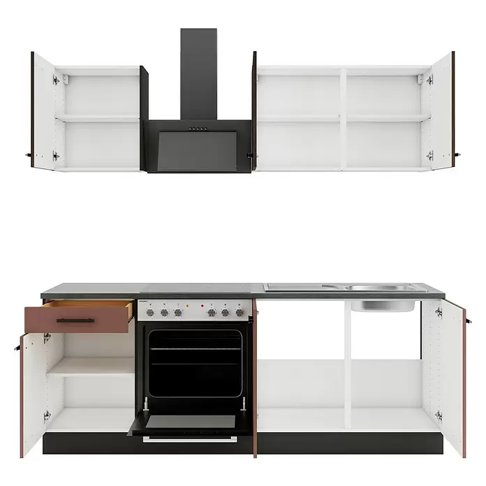 Optifit Nizza407 Singleküche Typ 4 - Breite: 210 cm, Rostrot/Rillendekor Nussbaum, Mit Elektrogeräten - Modulare Küchenzeile mit offenen Ober- und Unterschränken, Dunstabzugshaube, Backofen und Spüle, in Schwarz, Weiß und dunkler Holzoptik.