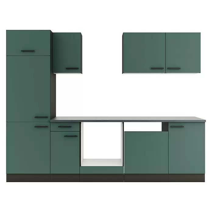 Optifit Verona405 Küchenleerblock Typ 2 - Breite: 270 cm, Steingrün, Ohne Elektrogeräte - Dunkelgrüne modulare Küchenschränke mit Griffen, Arbeitsplatte und Gerätenische.
