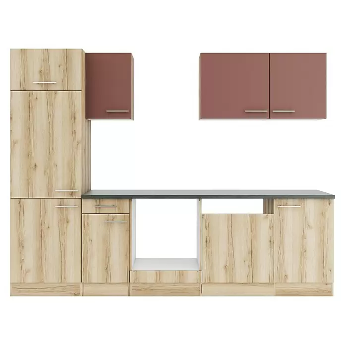 Optifit Bari407 Küchenleerblock Typ 3 - Breite: 270 cm, Rostbraun/Wildeiche Nachbildung, Ohne Elektrogeräte - Modulare Küchenzeile mit hellen Holz- und braunen Schränken, dunkler Arbeitsplatte.