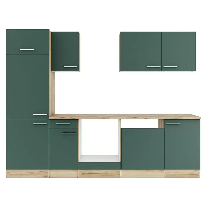 Optifit Savona405 Küchenleerblock Typ 4 - Breite: 270 cm, Steingrün, Ohne Elektrogeräte - Moderne dunkelgrüne Küchenschränke mit Holzoptik-Akzenten und Arbeitsplatte.