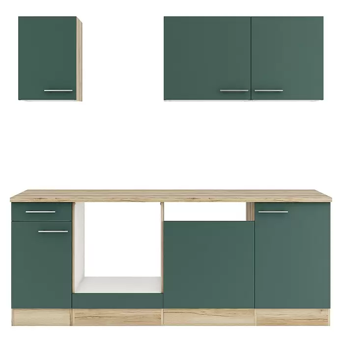 Optifit Savona405 Küchenleerblock Typ 2 - Breite: 210 cm, Steingrün, Ohne Elektrogeräte - Moderne grüne Küchenschränke mit heller Holzplatte und Akzenten.