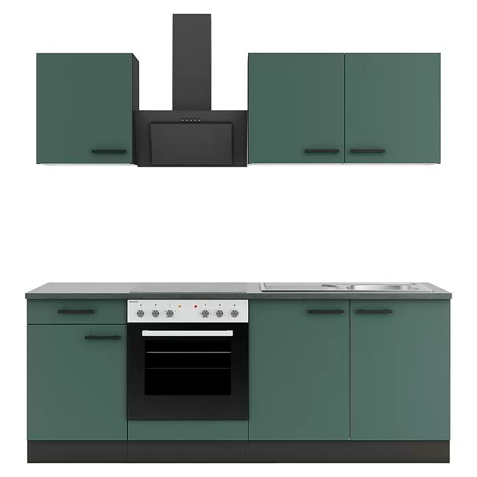 Optifit Verona405 Küchenleerblock Typ 2 - Breite: 210 cm, Steingrün, Ohne Elektrogeräte - Moderne dunkelgrüne Küchenzeile mit schwarzer Dunstabzugshaube, weißem Ofen, grauer Arbeitsplatte, Kochfeld und Spüle.