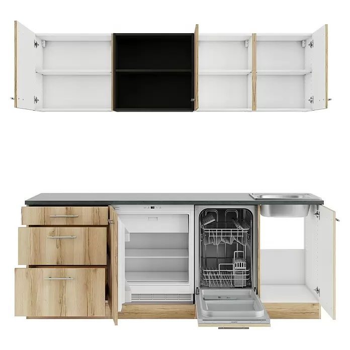 Optifit Livorno290 Küchenleerblock Typ 2 - Breite: 210 cm, Wildeiche Nachbildung, Ohne Elektrogeräte - Helle Holzküche mit weißen und schwarzen Oberschränken, offenen Schubladen, Kühlschrank, Geschirrspüler und Spülunterschrank.