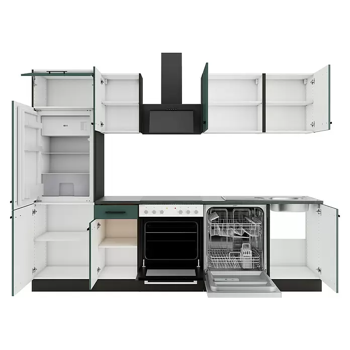 Optifit Verona405 Küchenleerblock Typ 2 - Breite: 270 cm, Steingrün, Ohne Elektrogeräte - Eine moderne Küche mit dunkelgrünen und weißen, offenen Schränken und Geräten wie Kühlschrank, Ofen, Geschirrspüler, Spüle und Dunstabzugshaube.