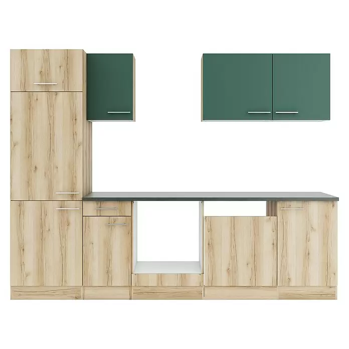 Optifit Savona405 Küchenleerblock Typ 1 - Breite: 270 cm, Wildeiche Nachbildung/Steingrün, Ohne Elektrogeräte - Modulare Küchenschränke mit hellen Holz- und dunkelgrünen Türen sowie einer grauen Arbeitsplatte. Inklusive Unter-, Ober- und Hochschränken.
