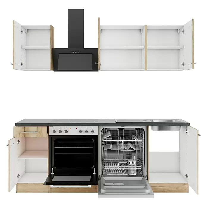Optifit Livorno290 Küchenleerblock Typ 4 - Breite: 210 cm, Wildeiche Nachbildung, Ohne Elektrogeräte - Kompakte Küchenzeile mit weißen und holzfarbenen Schränken. Mit Backofen, Kochfeld, Spüle und offenem Geschirrspüler, der den Innenraum zeigt.
