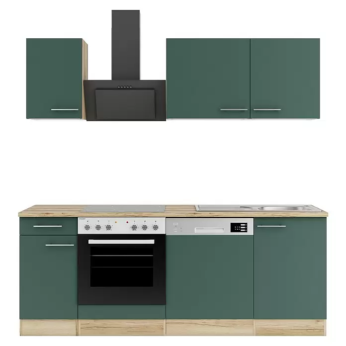 Optifit Savona405 Singleküche Typ 2 - Breite: 210 cm, Steingrün, Wechselseitig aufbaubar - Moderne Einbauküche mit dunkelgrünen Schränken, heller Holz-Arbeitsplatte, schwarzem Ofen, Kochfeld und Geschirrspüler.