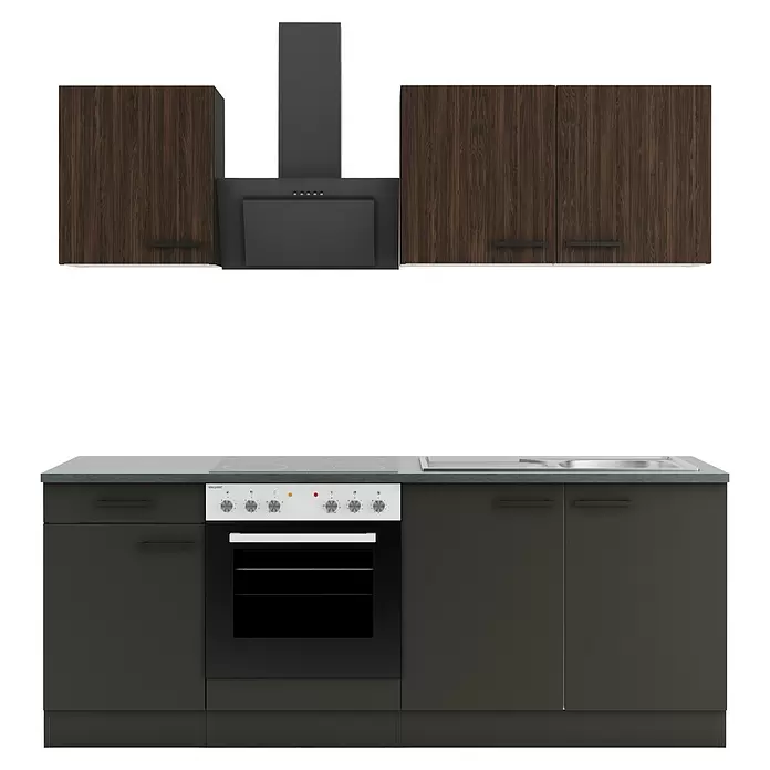 Optifit Madrid420 Singleküche Typ 2 - Breite: 210 cm, Anthrazit/Rillendekor Nussbaum, Mit Elektrogeräten - Moderne Küchenzeile mit Oberschränken aus dunklem Holz und dunkelgrauen Unterschränken, inklusive integriertem Backofen, Kochfeld, Spüle und Dunstabzugshaube.