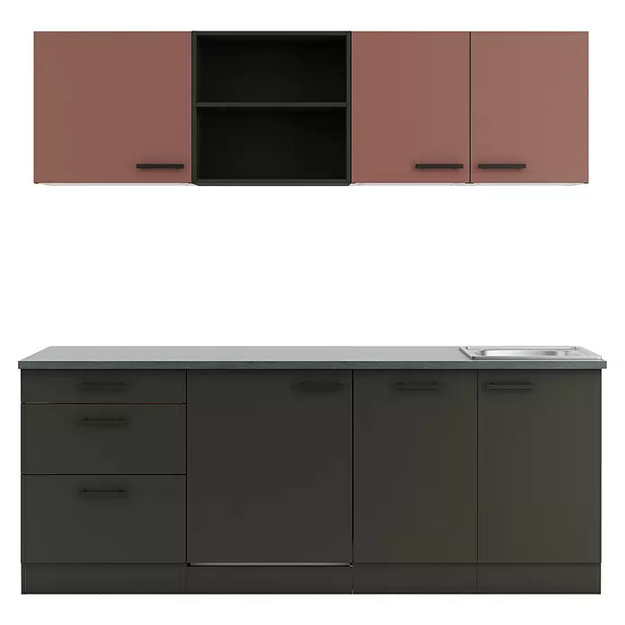 Optifit Nizza407 Küchenleerblock Typ 2 - Breite: 210 cm, Anthrazit/Rostrot, Ohne Elektrogeräte - Moderne Küchenzeile mit rosenbraunen und dunkelgrauen Hängeschränken, dunkelgrauen Unterschränken, grauer Arbeitsplatte und Spüle.
